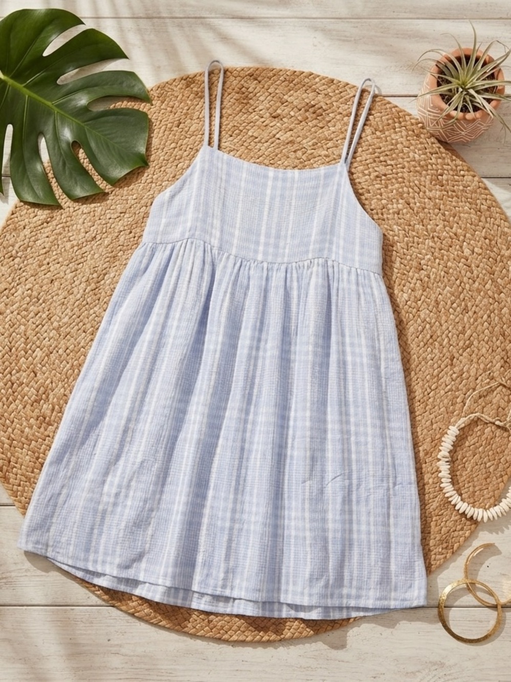 AMERICAN EAGLE Light Blue Plaid Textured Babydoll Mini Sundress | Cami Straps